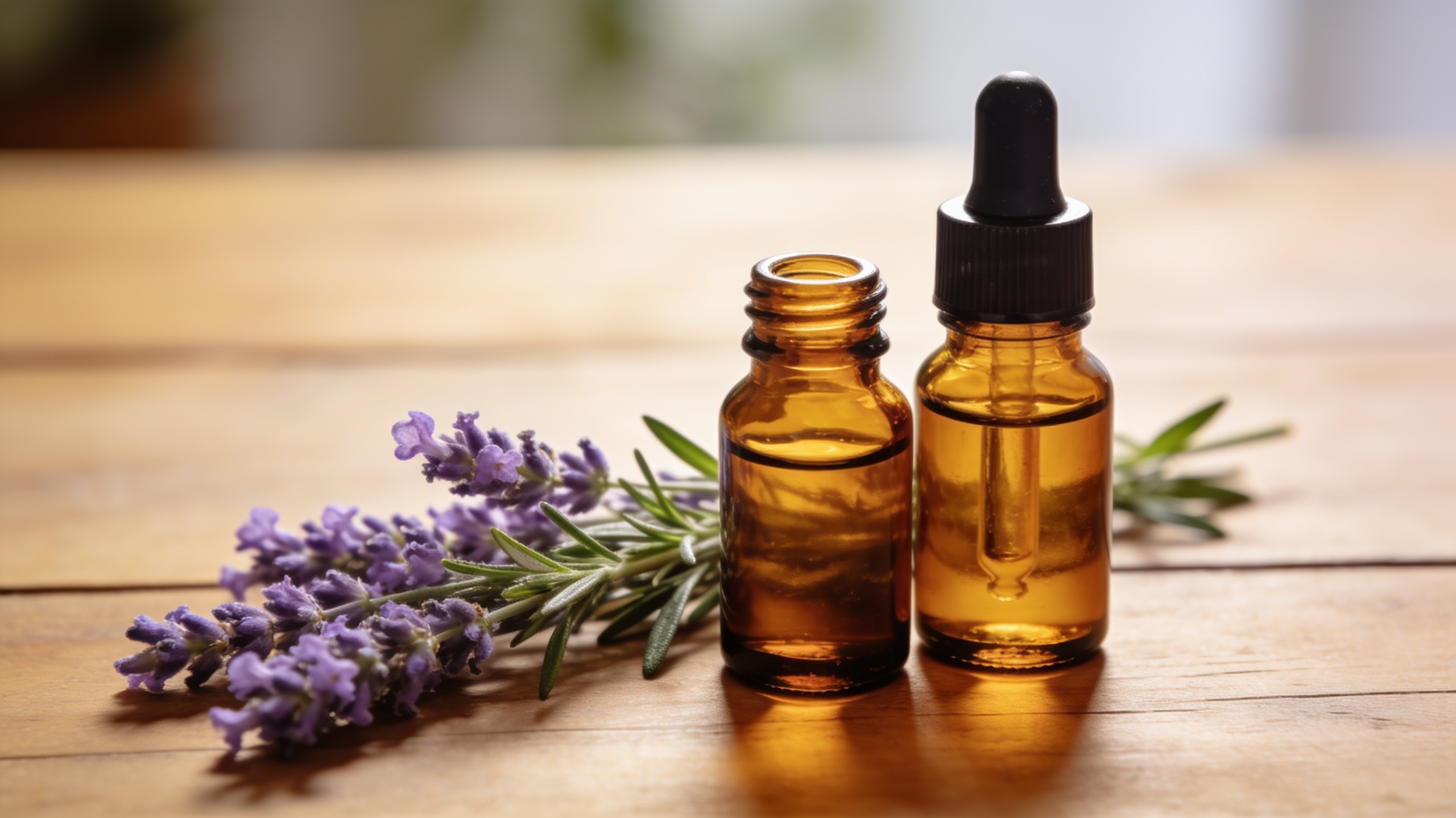 Photo of essential oil bottles and dried herbs
