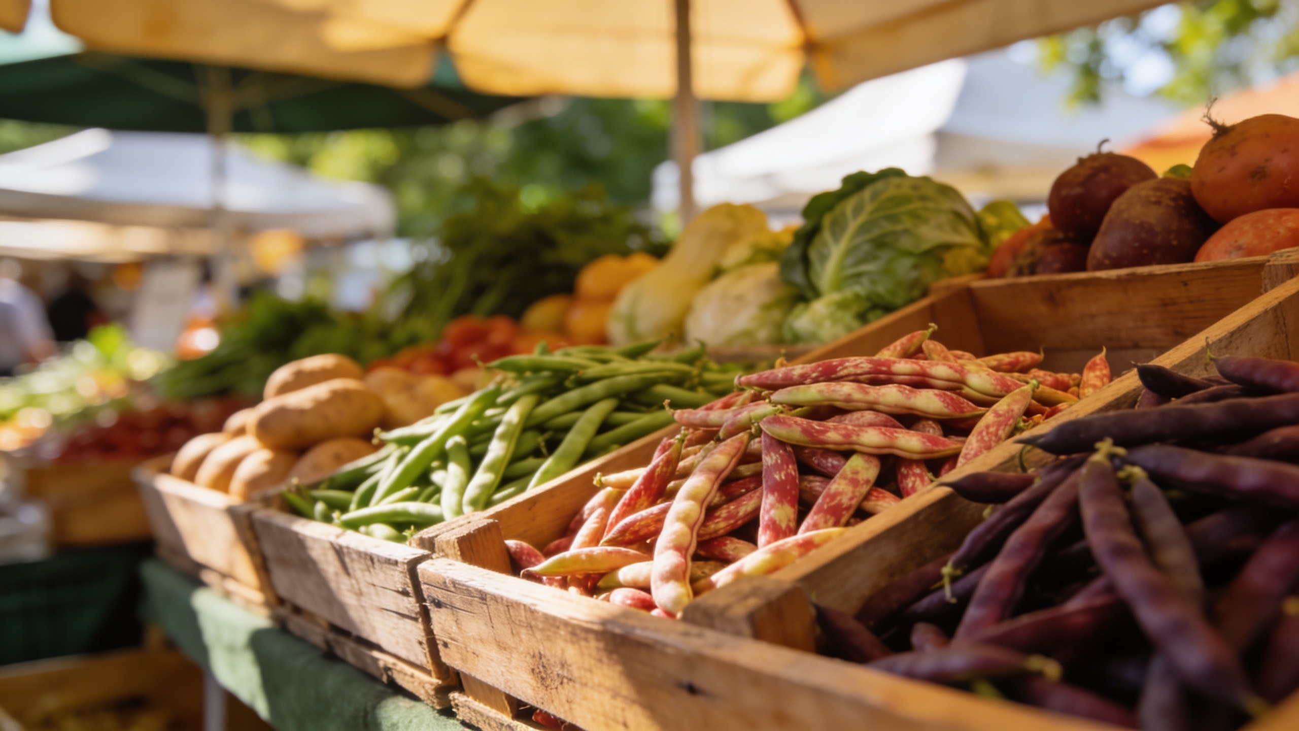 Crates of fresh beans at a market